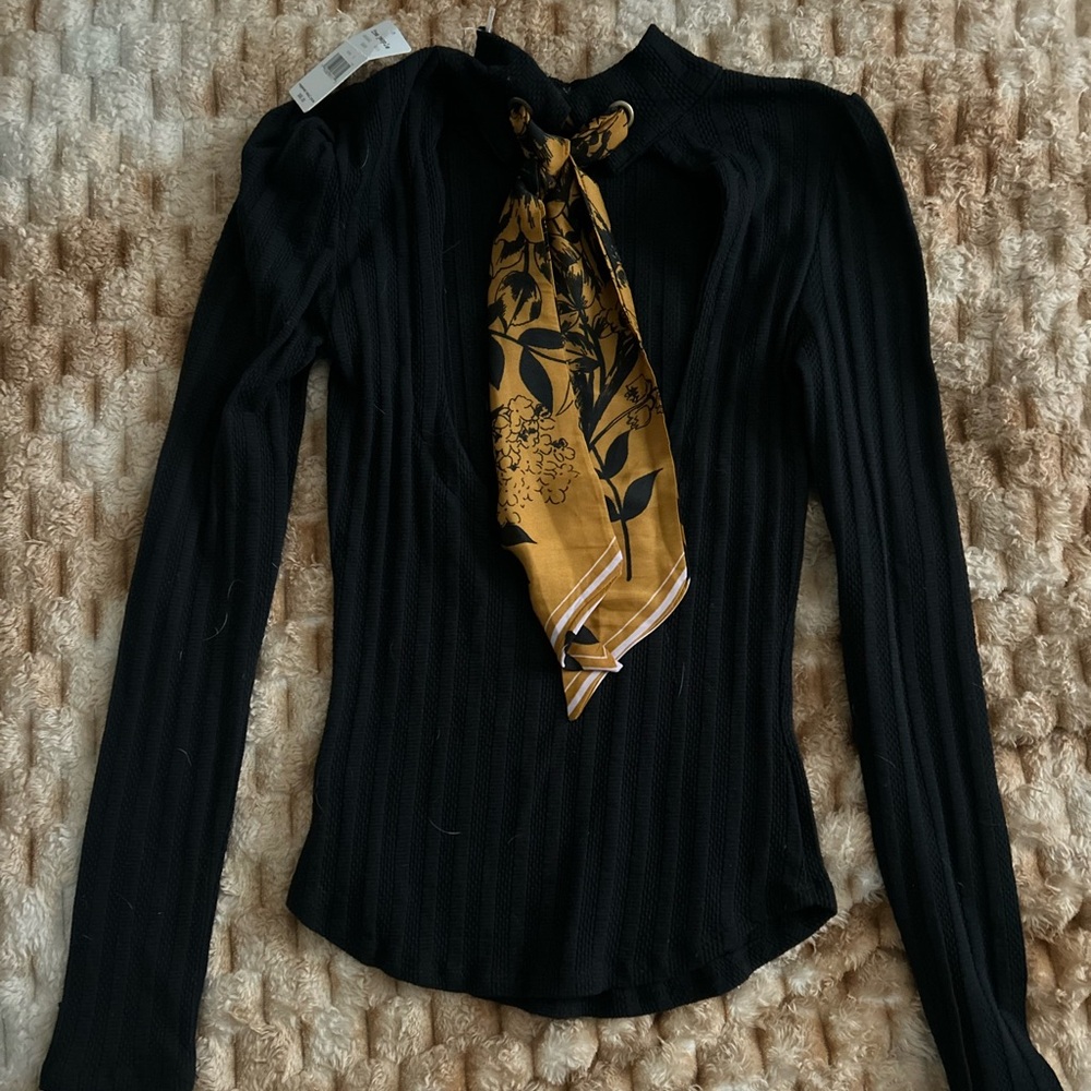 Free People Black Top with Gold Floral Scarf